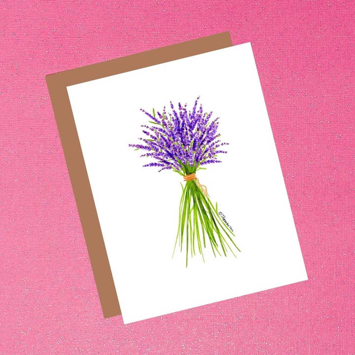 Tarjeta de flores en blanco con ramo de lavanda y acuarela morada para venta al por mayor de Tiffany Ascensio Designs | Watercolor Greeting Cards
