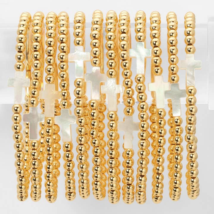 Splendid Iris - Wholesale Beaded Bracelet - 4mm Stretch Breaded Bracelet w/ Cross