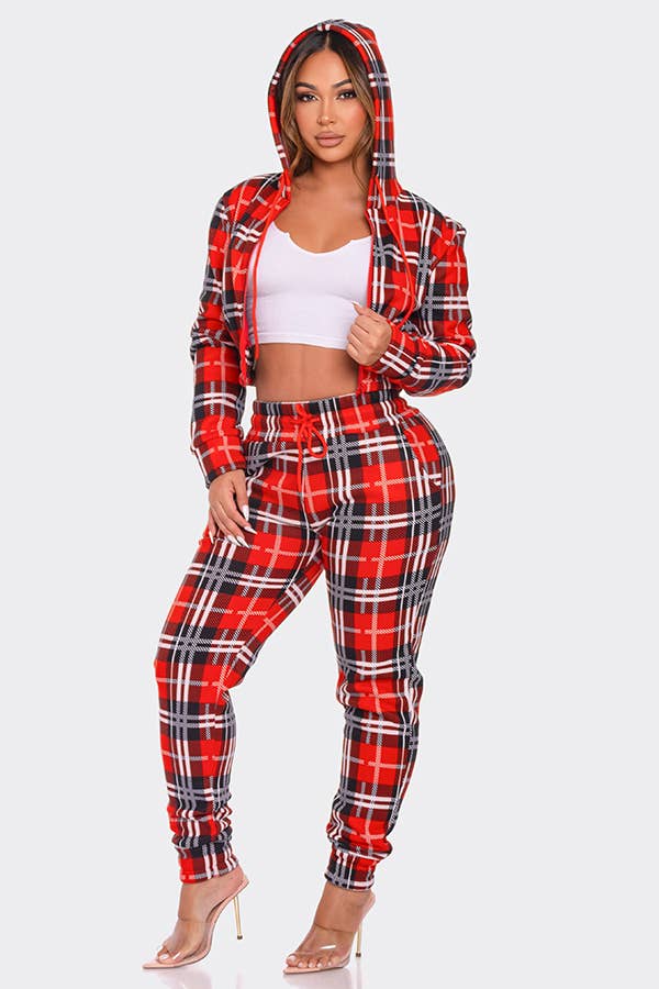 Lime All the Time - Vendita all'ingrosso Completo loungewear - Donna - Completo 2 pezzi con felpa con zip e pantaloni jogger a quadri2