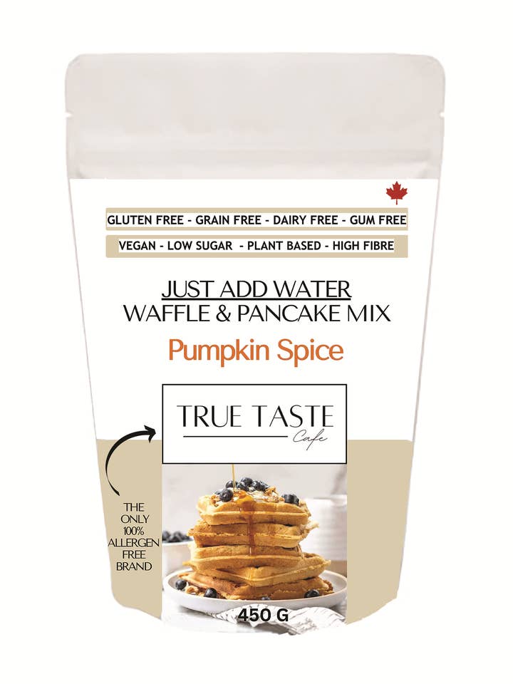 Pumpkin Spice-Just Add Water Waffle Pancake Mix GF/V for wholesale by True Taste Cafe