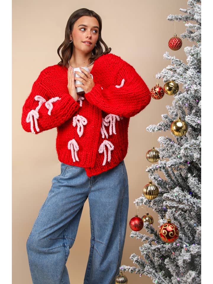 VERY J - Wholesale Cardigan - Women's - 12W3214N-HANDMADE Ribbon Chunky Knit Sweater Cardigan