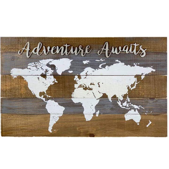 Adventure Awaits World Map Wood Wall Decor,16.75"H x 28"W for wholesale by Paris Loft Inc
