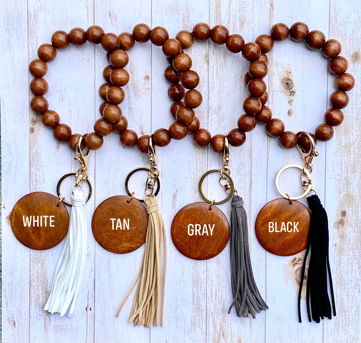 KW Custom Creations - Wholesale Keychain Bracelet - Wooden Beads Wristlet - Suede Tassel Blank2