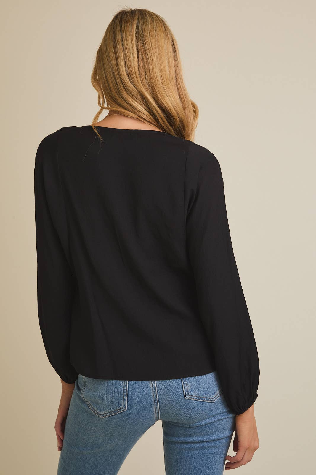 Black V-NECK LACE TRIM DETAIL BUTTON UP LONG SLEEVE FLARE HEM TOP for wholesale on Faire2