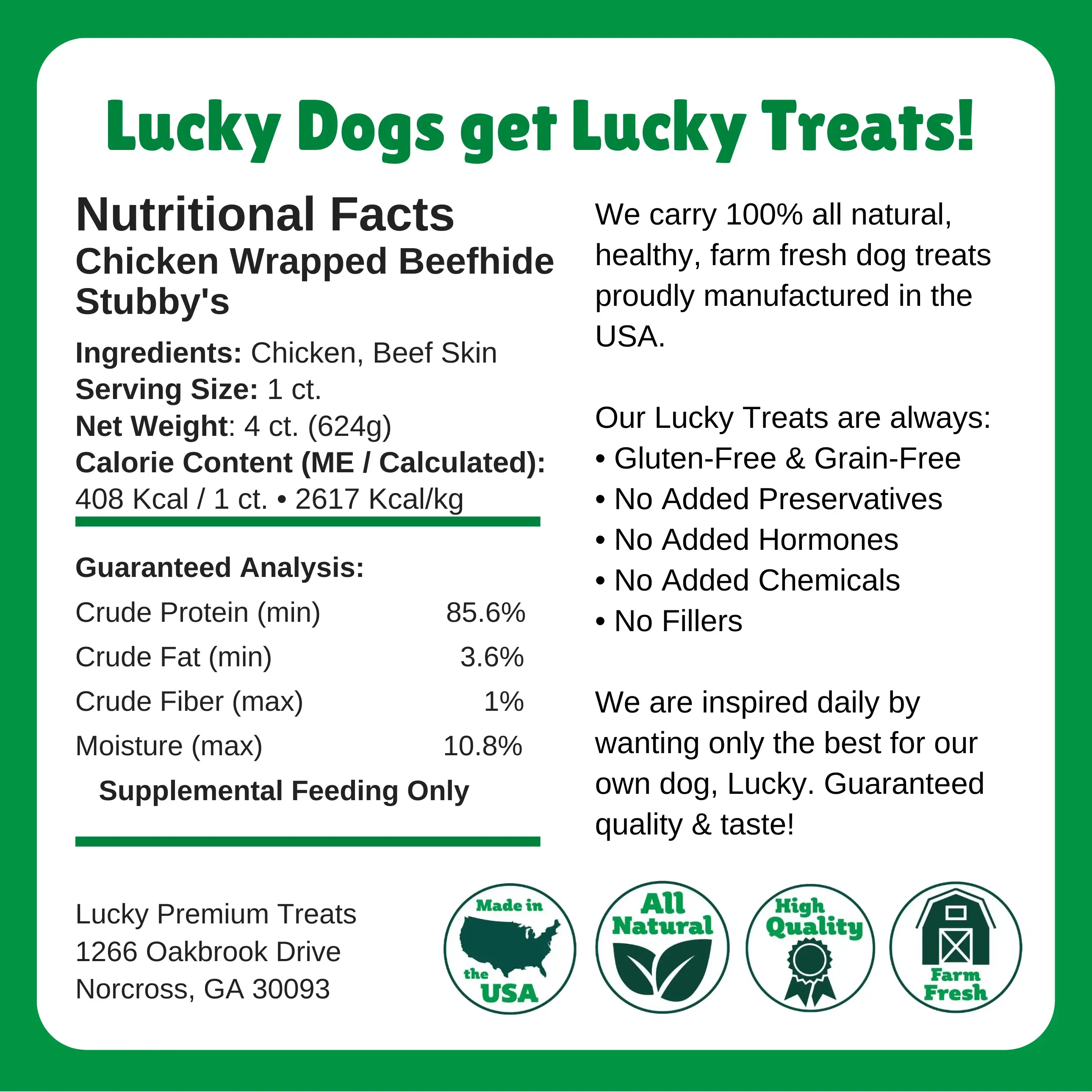 Lucky Premium Treats - Wholesale Pet Bone/Rawhide - Dog - CHICKEN WRAPPED BEEFHIDE Stubby 1 count BULK4
