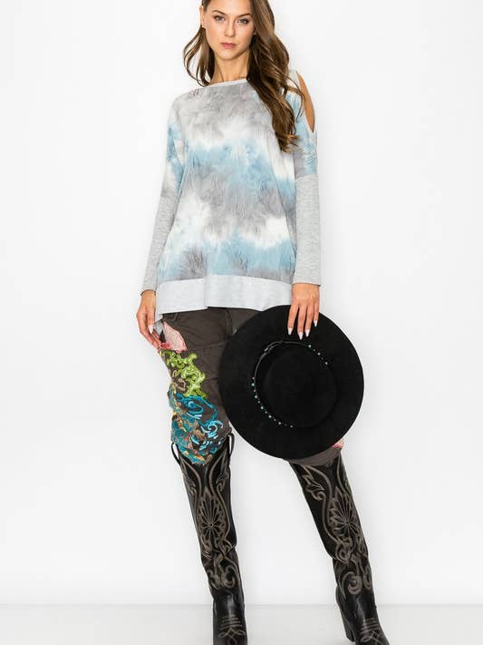 Blue 10702L507 - UNBALANCED COLD SHOULDER TIE DYE TOP for wholesale on Faire8