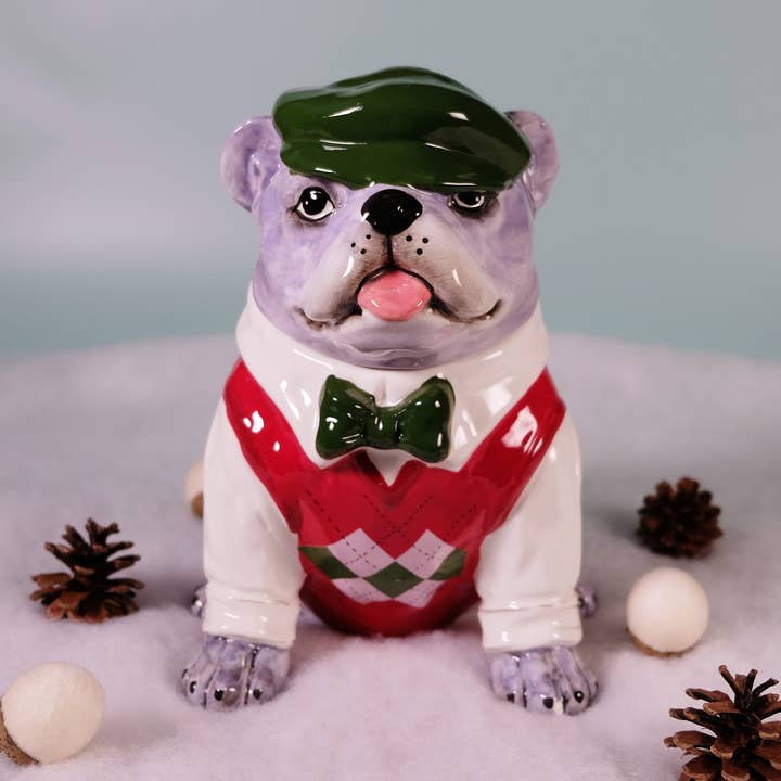 CHRISTMAS SWEATER DOG TREAT JAR for wholesale by Blue Sky Clayworks