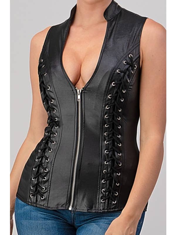 Lydia USA - Wholesale Blouse - Women's - Front Lace Up Back Cut Out Pleather Plus Top