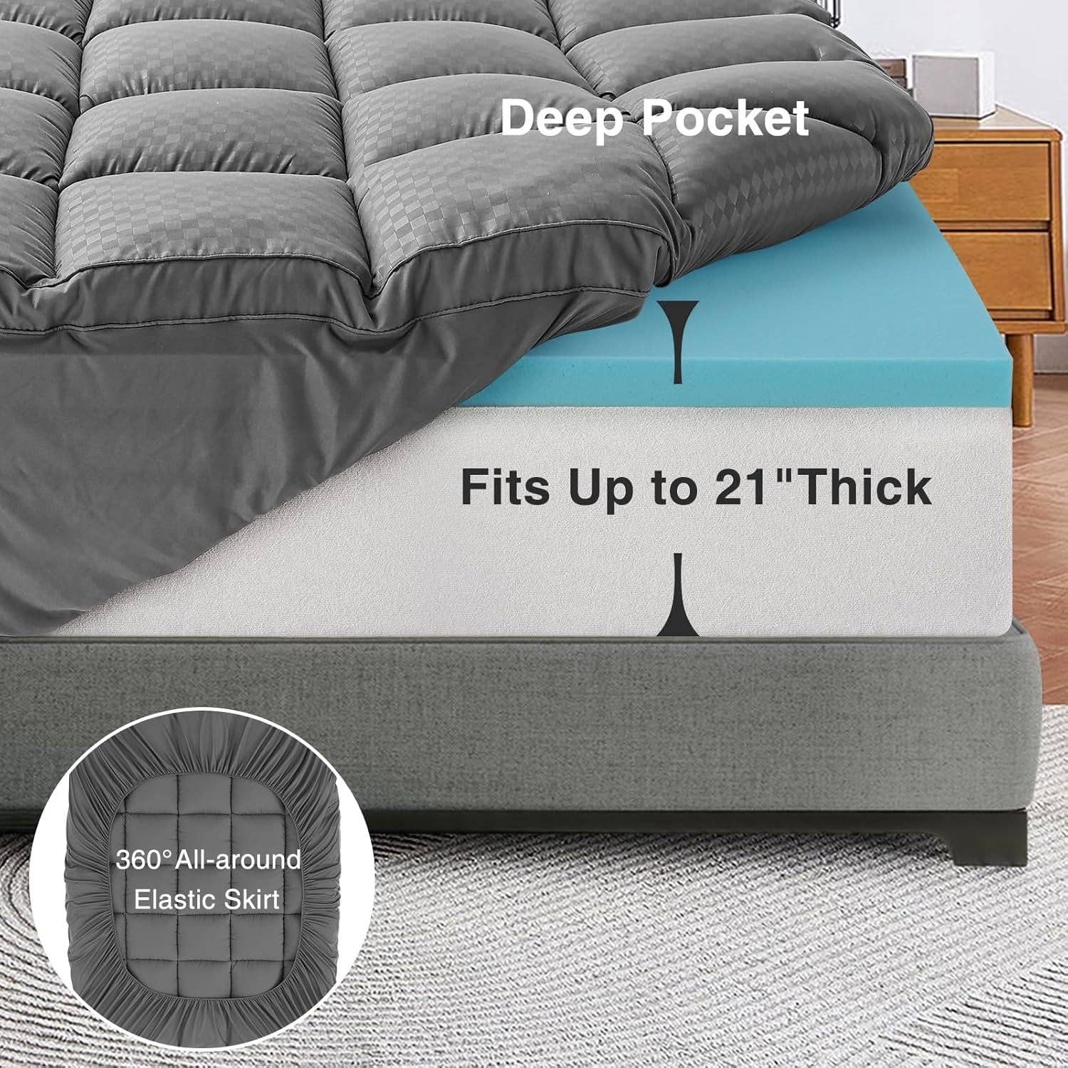 Gray Dual-Layer 4 Inch King Size Memory Foam Mattress Topper for Back Pain, 2 Inch Cooling Pillow Top Mattress Pad Cover and 2 Inch Gel Memory Foam Topper, Deep Elastic Pocket, Grey for wholesale on Faire4