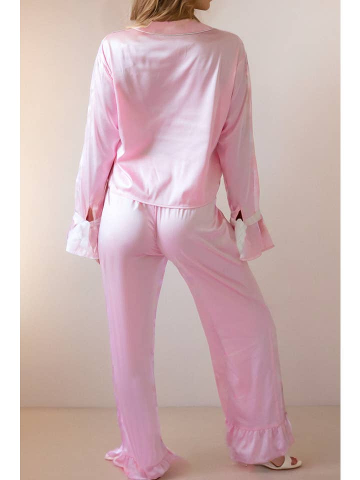 Pink Satin Knot Accent Shirt and Ruffled Pants Lounge Set for wholesale on Faire