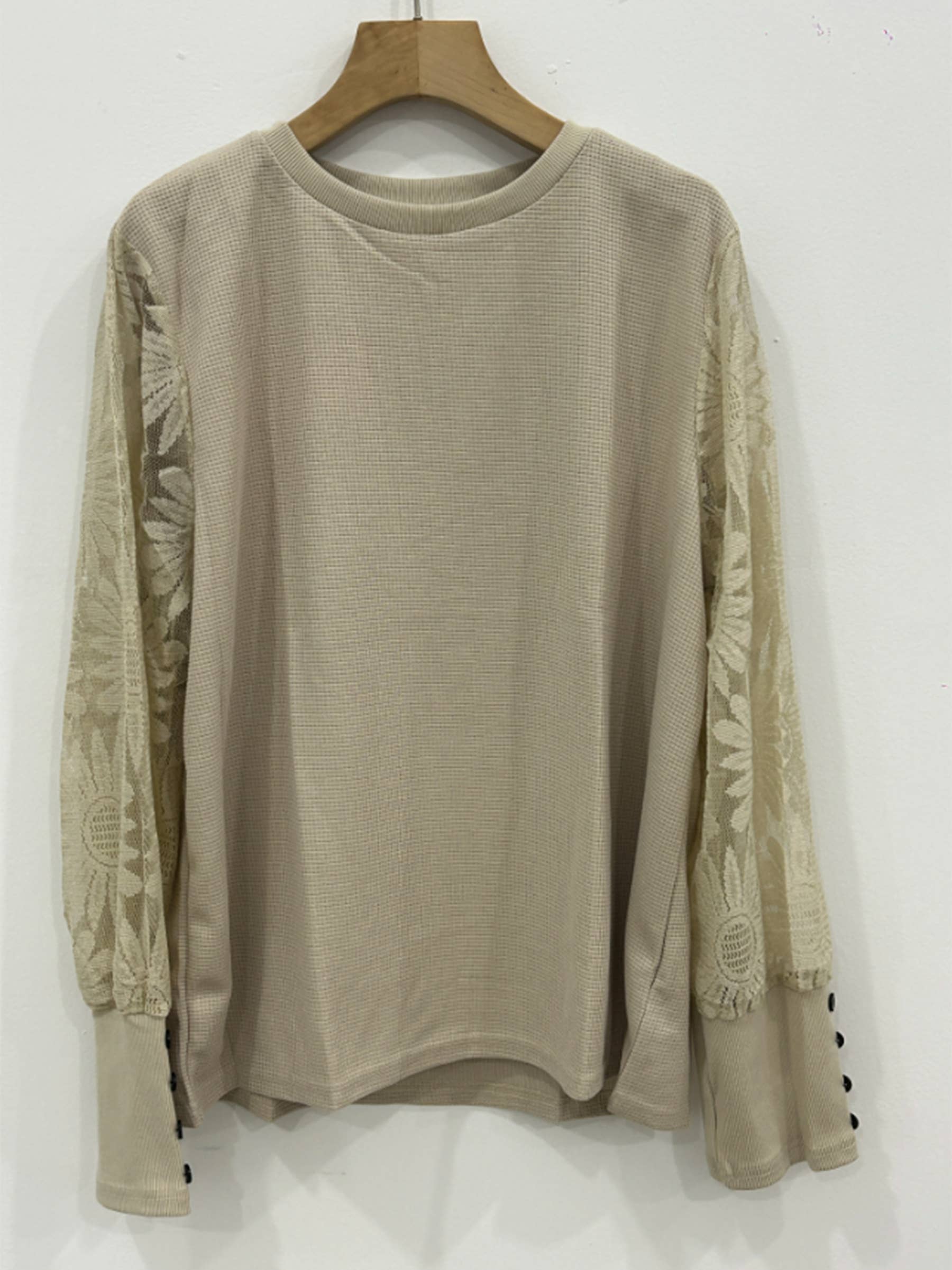 Wholesalesir - Wholesale Blouse - Women's - Waffle Button Patchwork Lace Top5