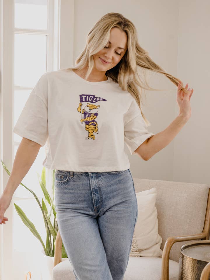 LSU Tigers Mascot Flag Off White Cropped Tee for wholesale by LivyLu