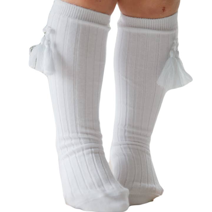 Knee High Tassel Socks-White color for wholesale by Classical Child