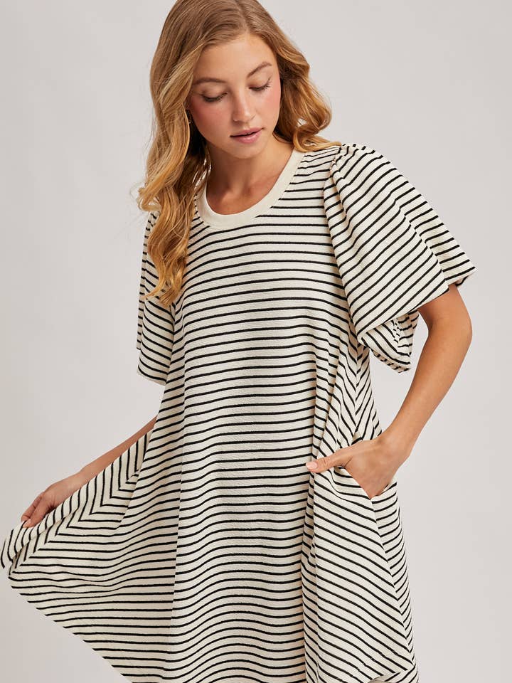 PUFF SLEEVES BILLOWY SILHOUETTE STRIPED DRESS for wholesale by Bluivy