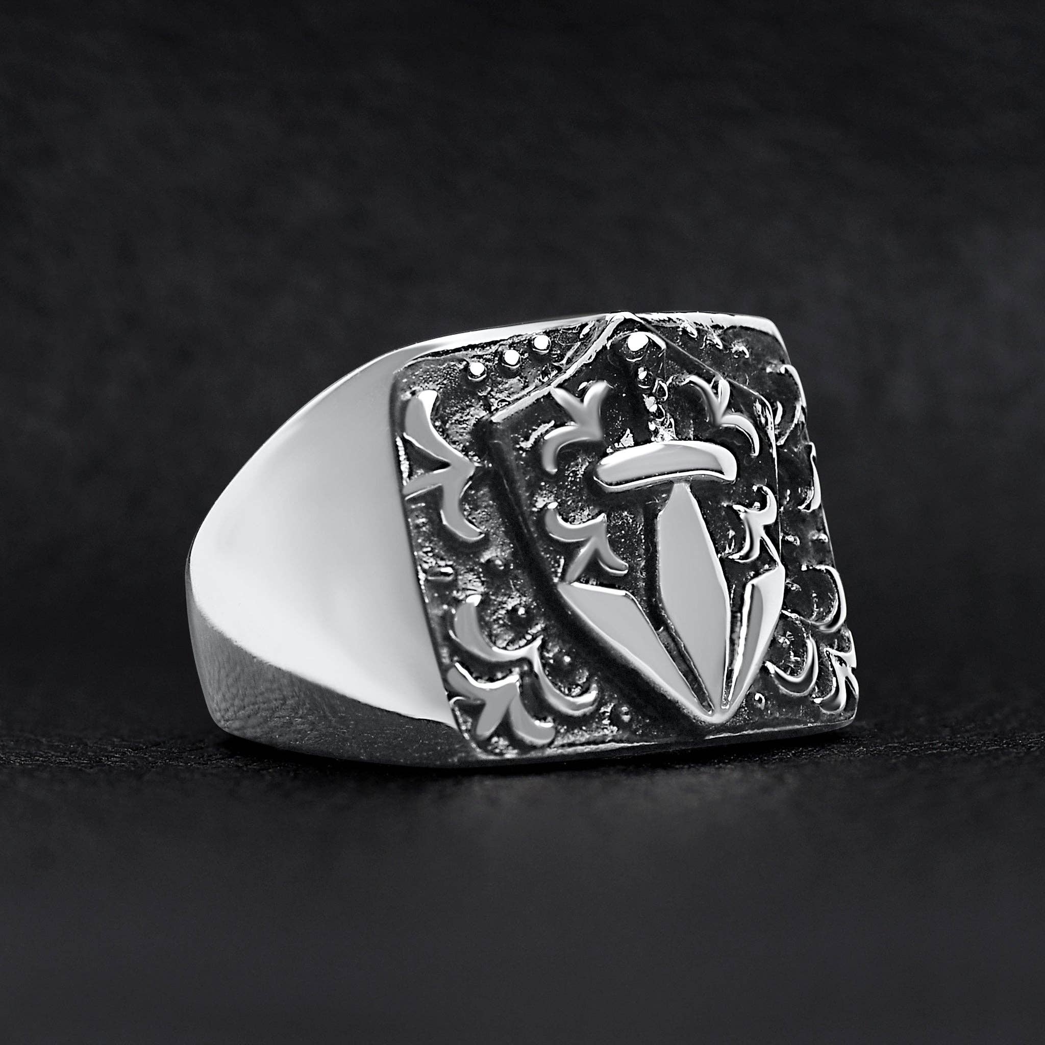 WJW - Wholesale Signet Ring - Stainless Steel Sword And Fleur De Lis Signet Ring3