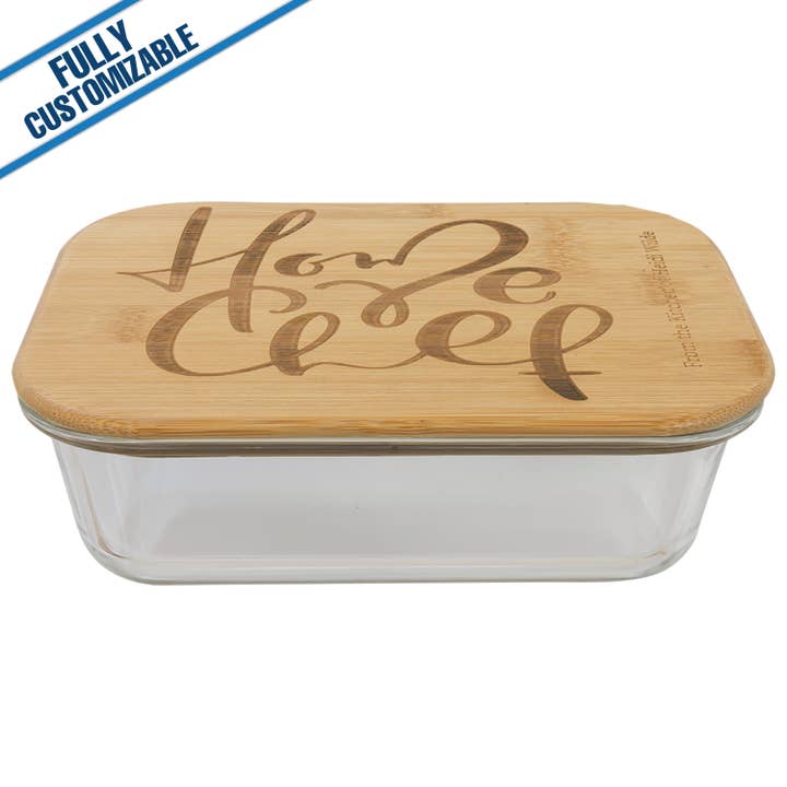 GiftWorksPlus - Wholesale Food Storage Container - Rectangle Glass Container - Bamboo Lid - Fully Customizable