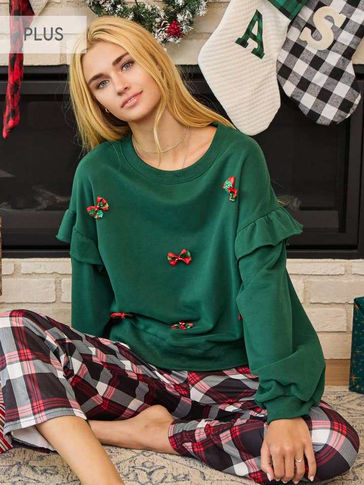 Plus Holiday Bow Patch Detailed Flutter Sweatshirt for wholesale by Oddi