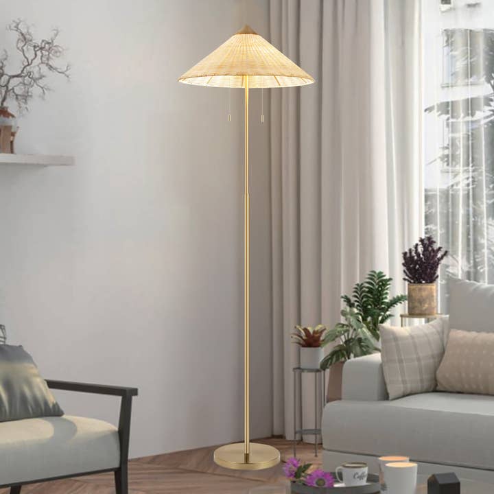 Floor Lamp Traditional Brass 65" 2-Light Rattan Shade for wholesale by Brio Lighting