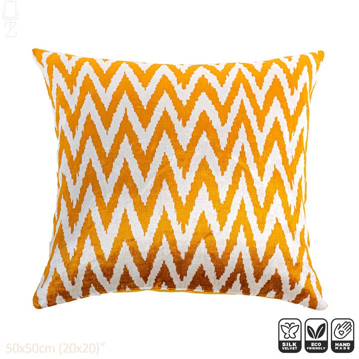 Orange Zig Zag Velvet Cushion Cover with Silk Ikat Theme for wholesale by OyzShop