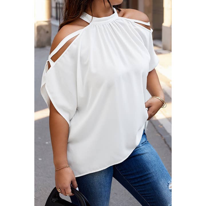 WHITE Plus Halter Open Shoulder Bat Sleeves Loose Top for wholesale on Faire5
