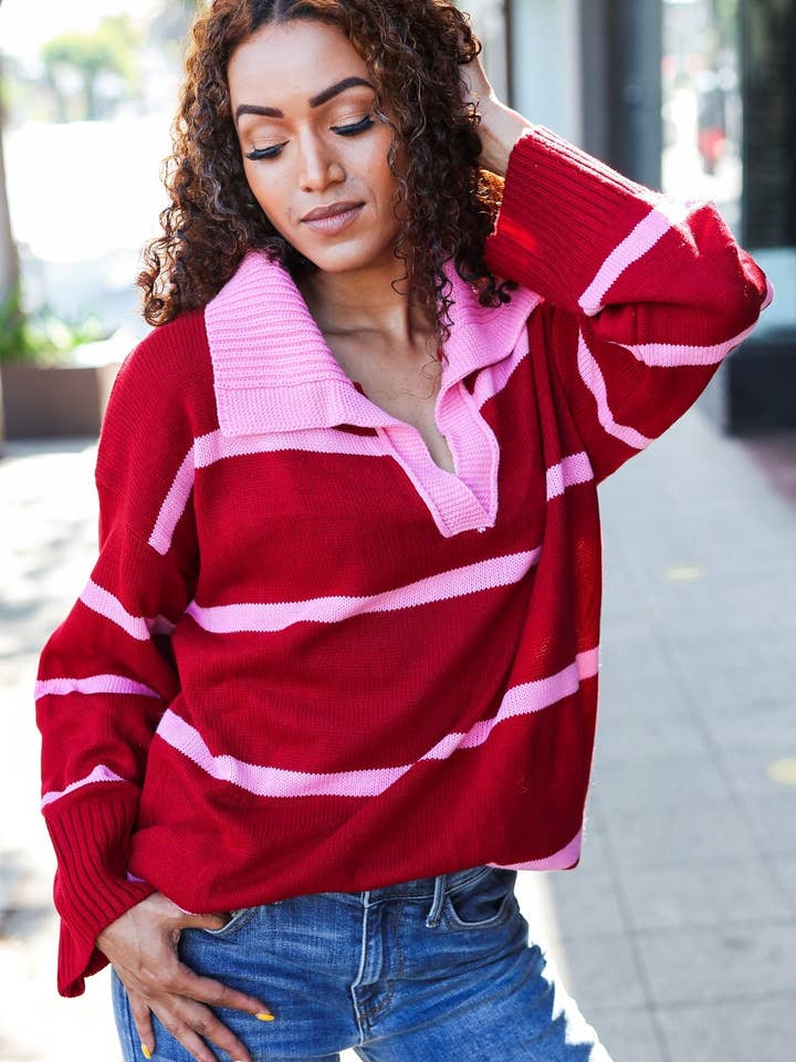 Promenade - Wholesale Knit Sweater - Women's - Fall For You Crimson Stripe Notched Neck Collared Oversized Sweater (Open Pack)