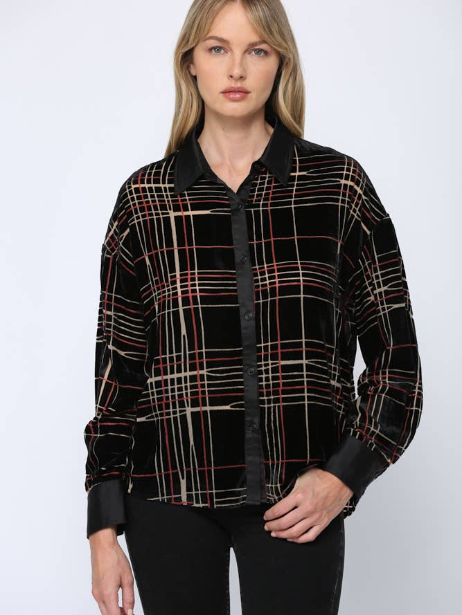 STRIPED BURN OUT VELVET SHIRT (FT4940) for wholesale by FATE