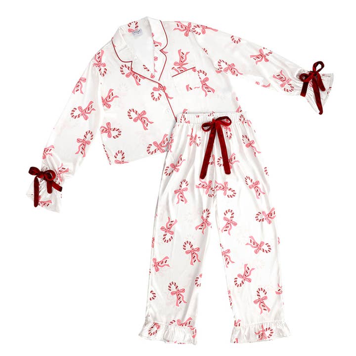 Cropped Ruffled PJ Set with Velvet Ties - Candy Canes for wholesale by Bella Sleep + Spa