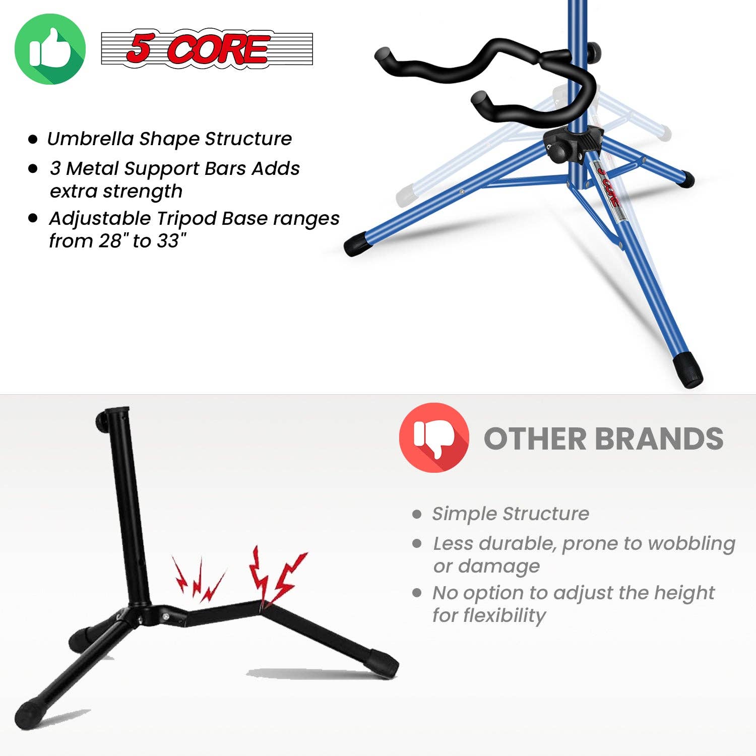 K Cube Inc - Wholesale Musical Instrument - 5Core Guitar Stand Pair Floor Folding Holder Soporte Para Guitarra for Acoustic Electric Bass7