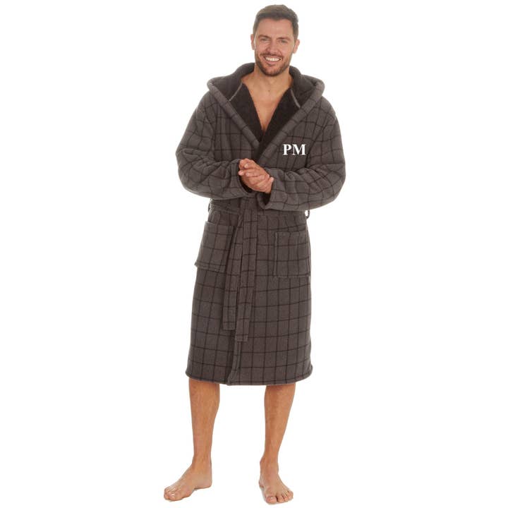 Charcoal Black Mens Personalised Check Bonded Dressing Gown for wholesale on Faire2