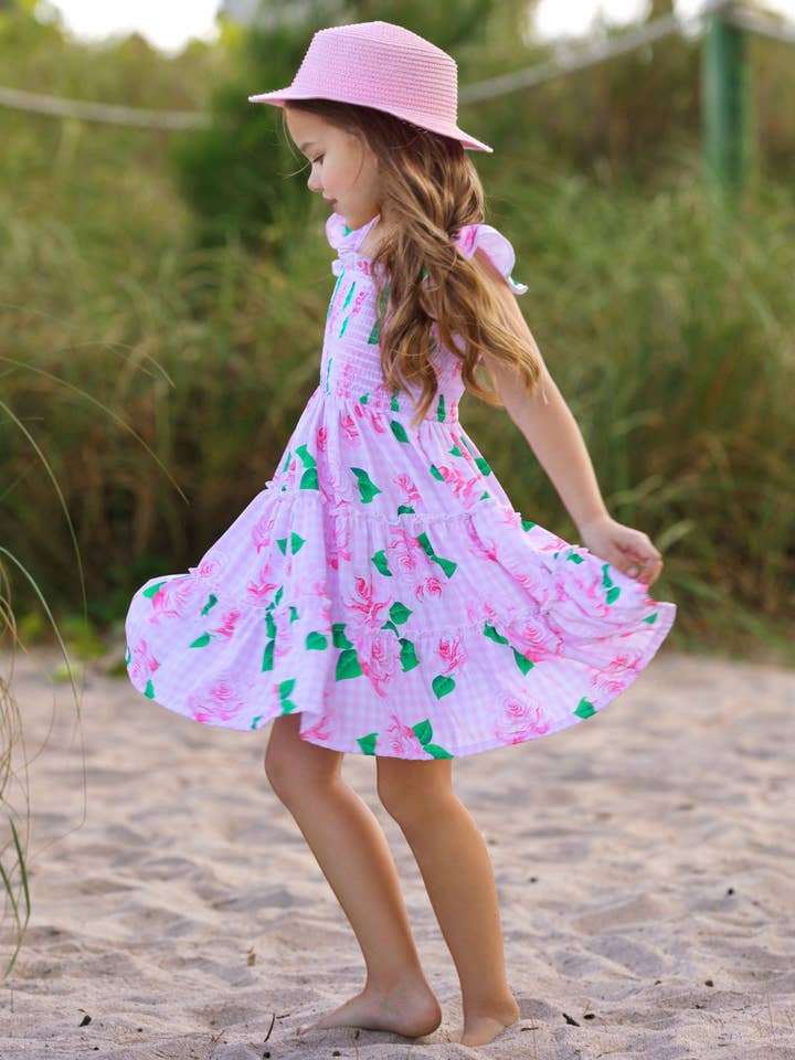 Rose Garden Gingham Smocked Tiered Dress for wholesale by Mia Belle Girls • Wholesale