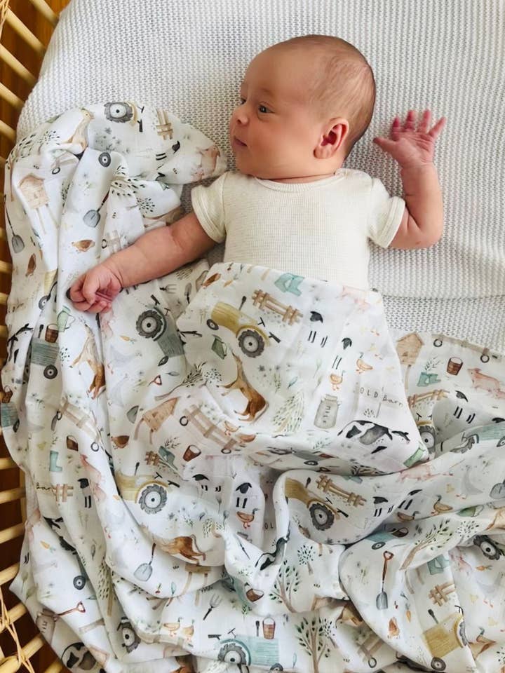 Cuddle Bug & Co - Wholesale Swaddle – Baby - Cuddle Bug & Co Bamboo Muslin Wrap Farm Life2