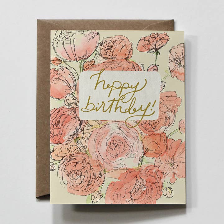 Hawthorne | Carte de vœux florale rose et verte pour joyeux anniversaire pour la vente par everglow handmade