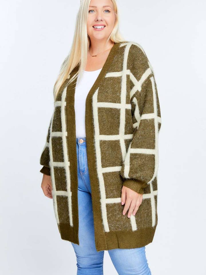 Davi & Dani - Vendita all'ingrosso Cardigan - Donna - CARDIGAN LUNGO A MANICHE LUNGHE IN TARTAN PLUS