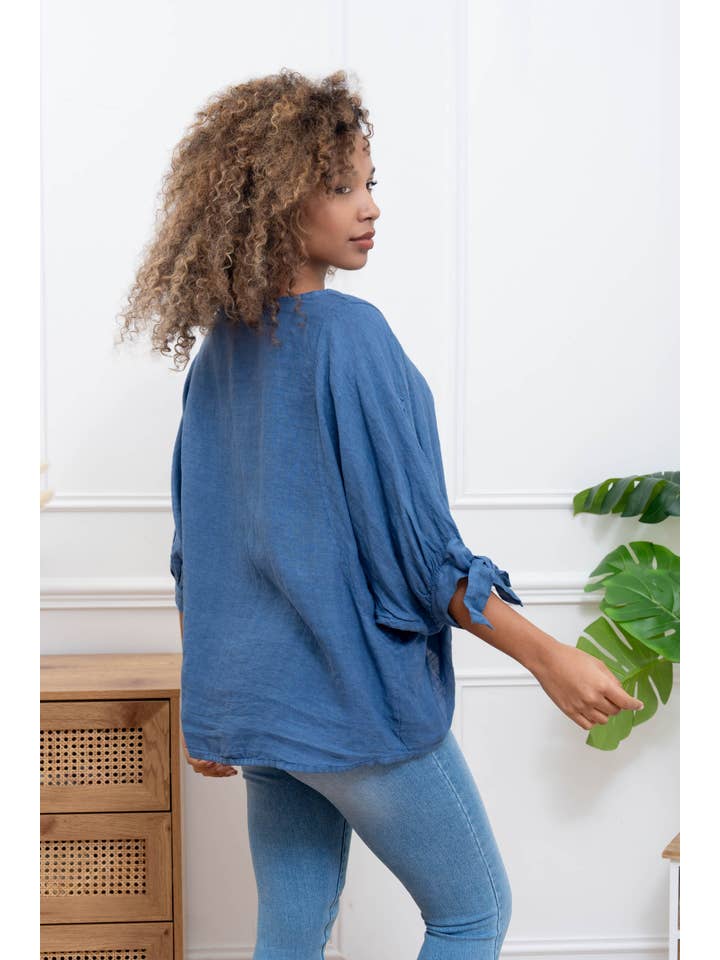 Happy look - Vente Chemisier – femme - Top Oversize en Lin avec Nœud sur les Manches8