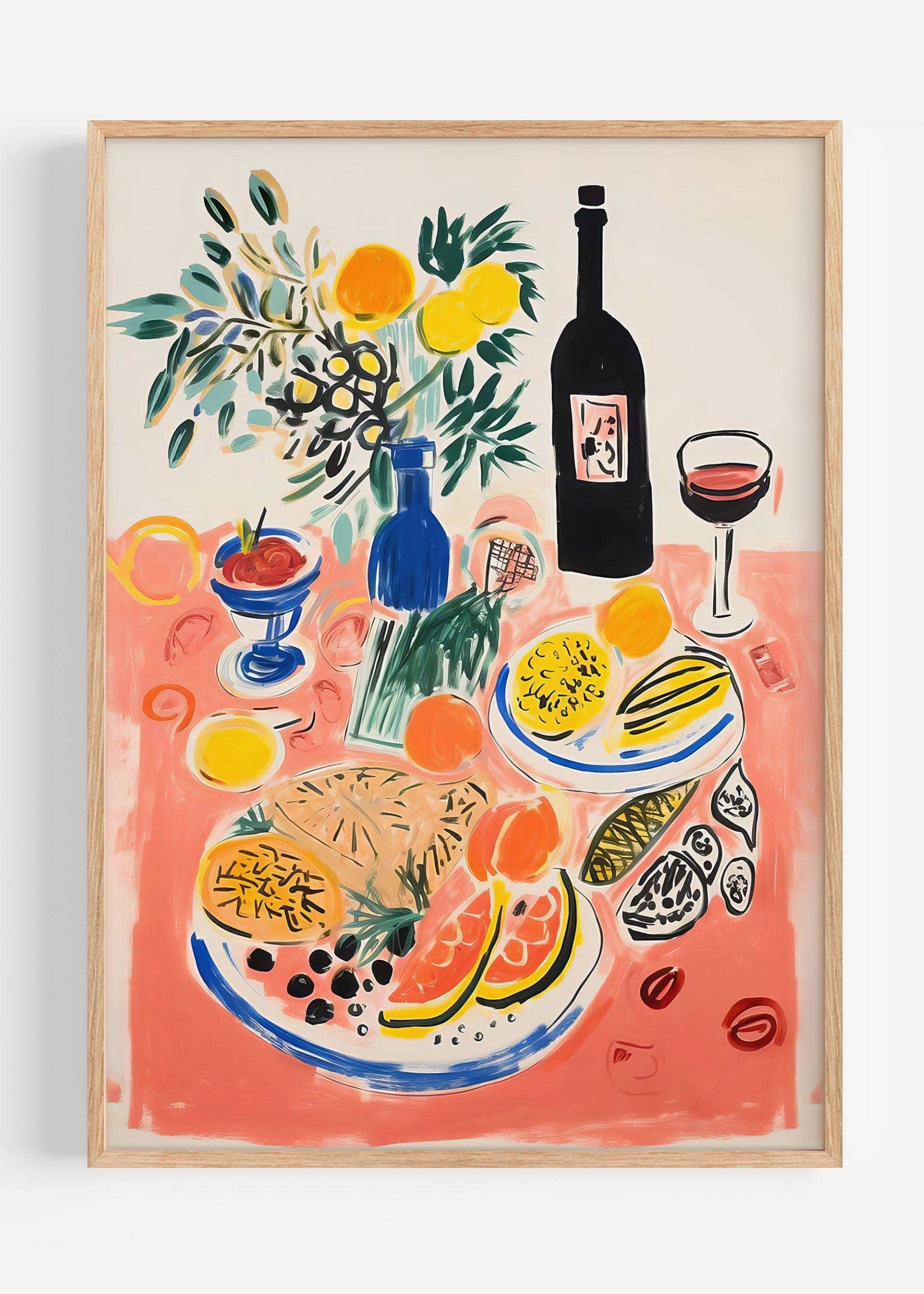Peardrop Prints – wholesale Art print – Mediterranean Table Art Print – Colourful Still Life with Wine & Fruit I135-370