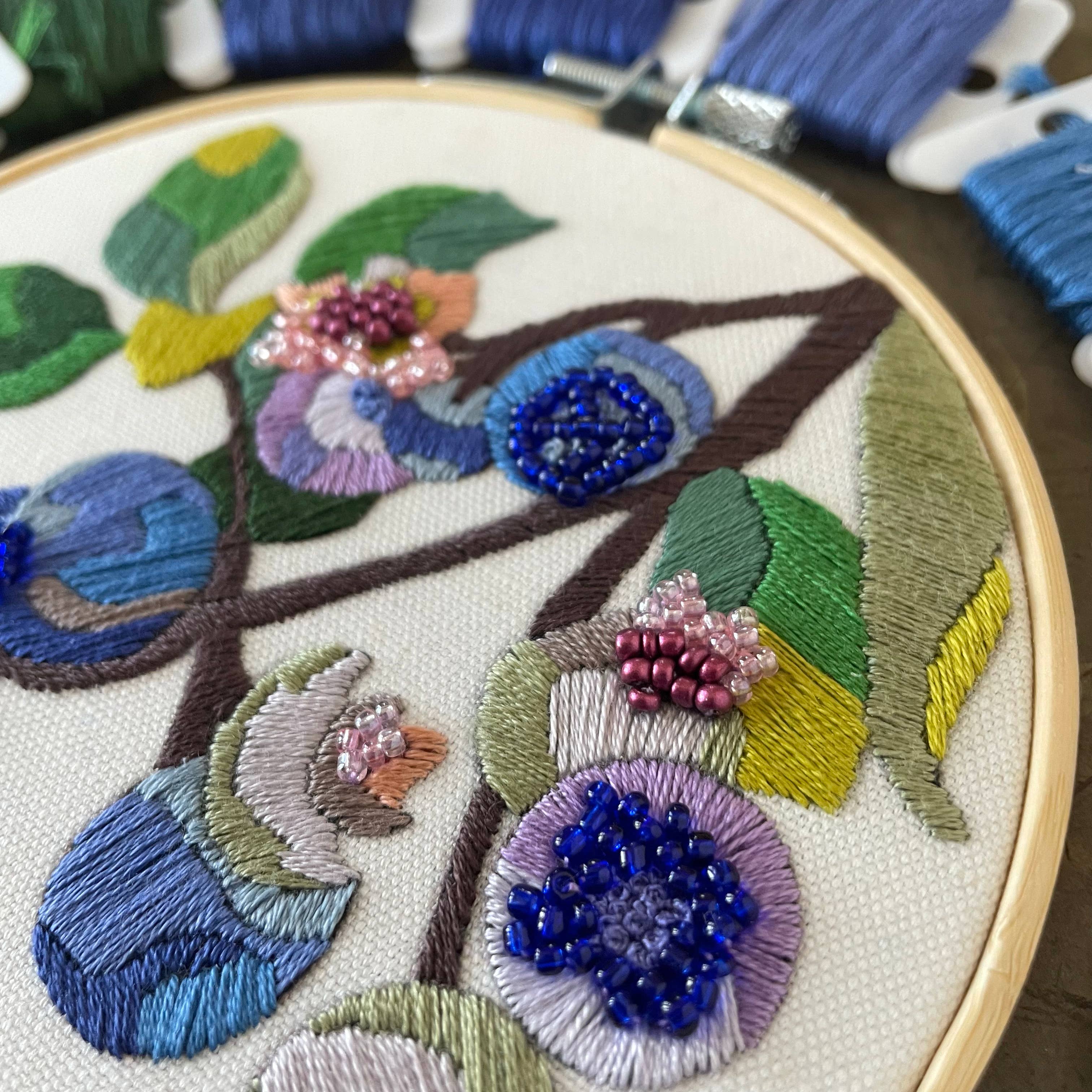 Kate Wyatt Fine Art – wholesale DIY craft kit – DIY Embroidery and Beadwork Kit - Blueberry Blossoms (5")3