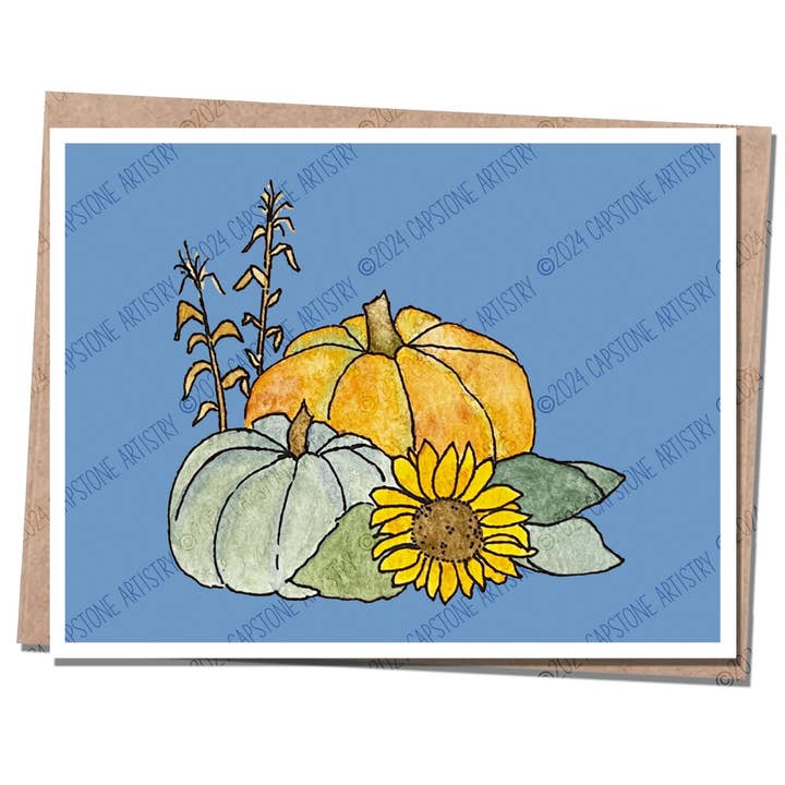 Fall Pumpkins & Sunflower A2 Greeting Card - Blank Inside for wholesale by Capstone Artistry