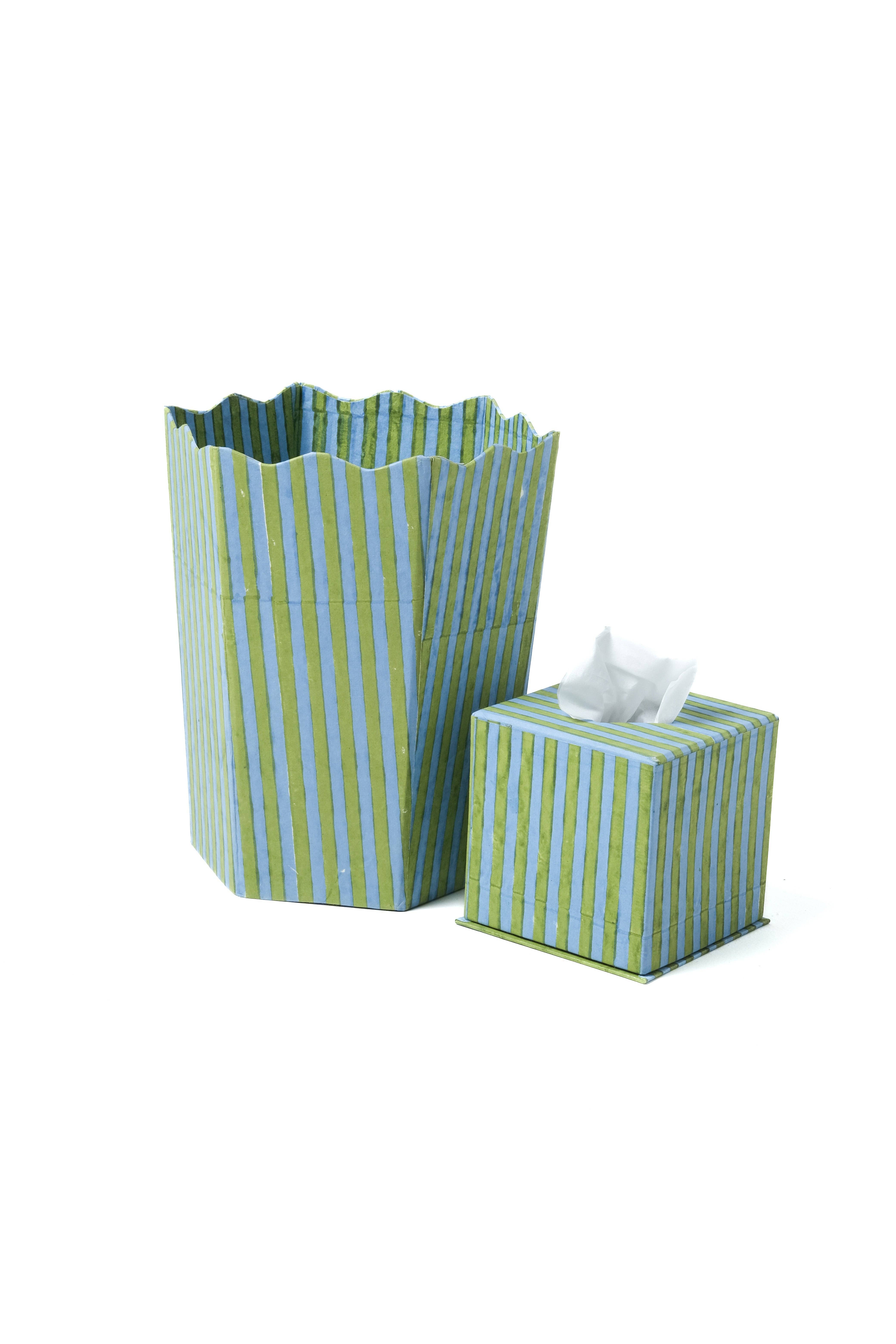 Inner Child - Vente Bacs de rangement - Poubelle / Bac de Rangement à Rayures Vertes et Bleues Blockprint Scallop2
