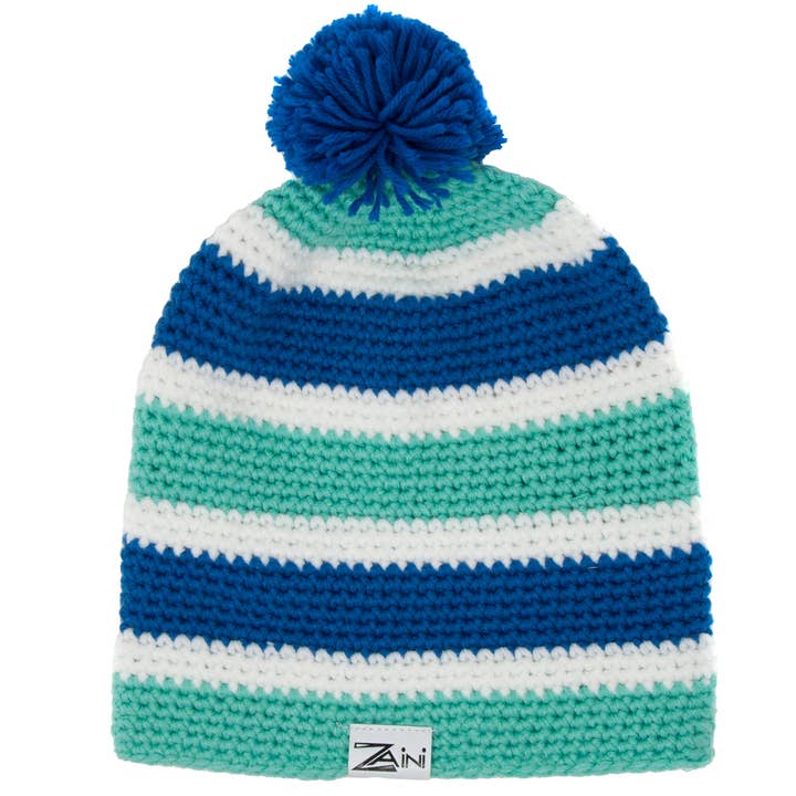 ZAINI Lifestyle Ltd – wholesale Beanie – Women's – Oban, Mint Green, Blue and White Lined Beanie Bobble Hat