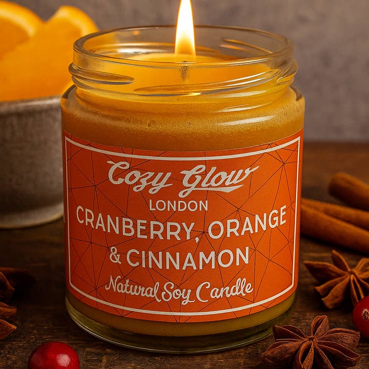 Cozy Glow Cranberry, Orange & Cinnamon Soy Candle for wholesale by Cozy Glow Candles & Home