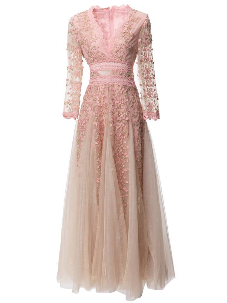 Productseeker – wholesale Gown – Women's – DR816L V-Neck Mesh Dress with Handmade Floral Embroidery16