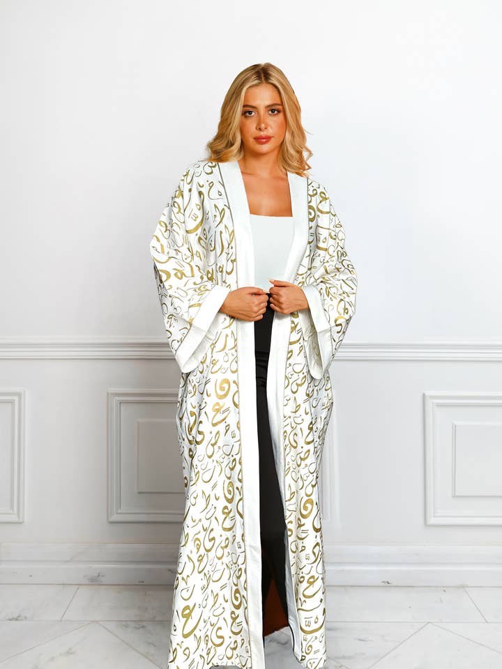 Arabic Calligraphy White Abaya Kimono for wholesale by Unmatched BYU
