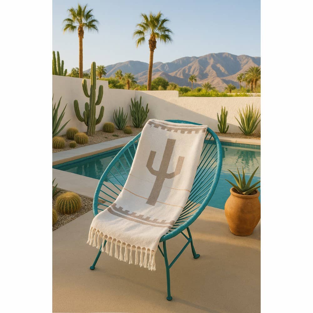 West Path - Wholesale Throw blanket - Southwest Mexican Blanket - Desert Cactus Blanket Tan White3