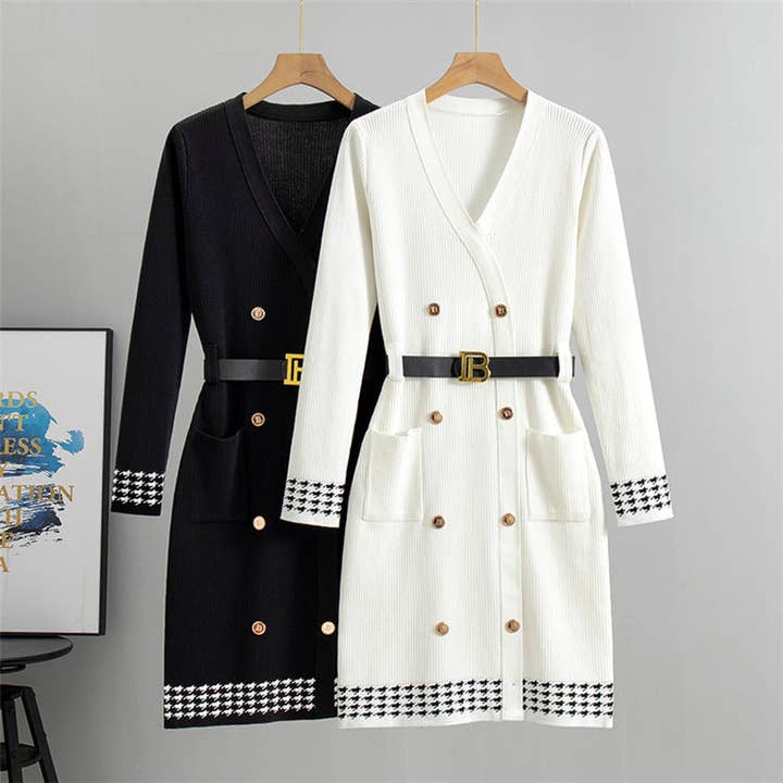 Marayn - Wholesale Dress - Women's - Chic VNeck DoubleBreasted Knit Midi Dress6