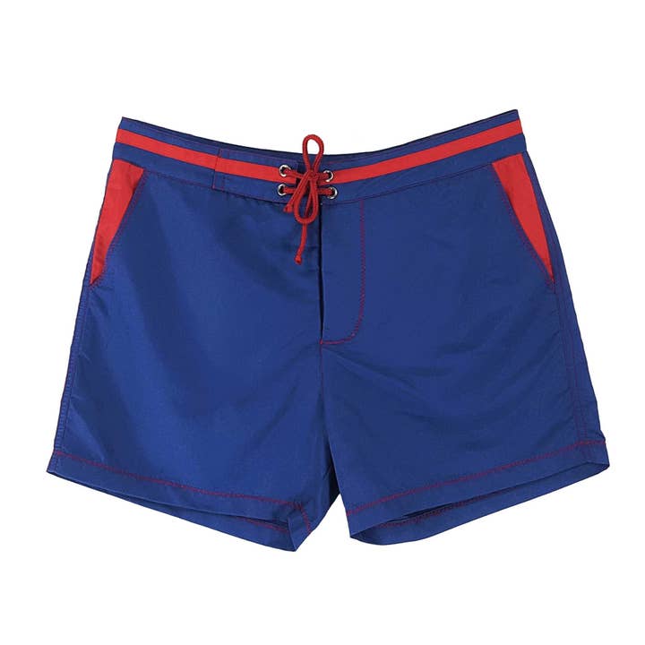 recycled polyester swim shorts - navy blue , red details for wholesale by BLUEBUCK