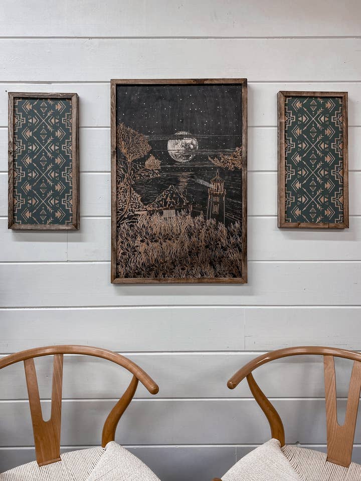 3 Piece Hand Sketched Heceta Head Lighthouse Moonlight Oregon Wood Artwork with black Aztec Arrows for wholesale by Birch and Home Handmade