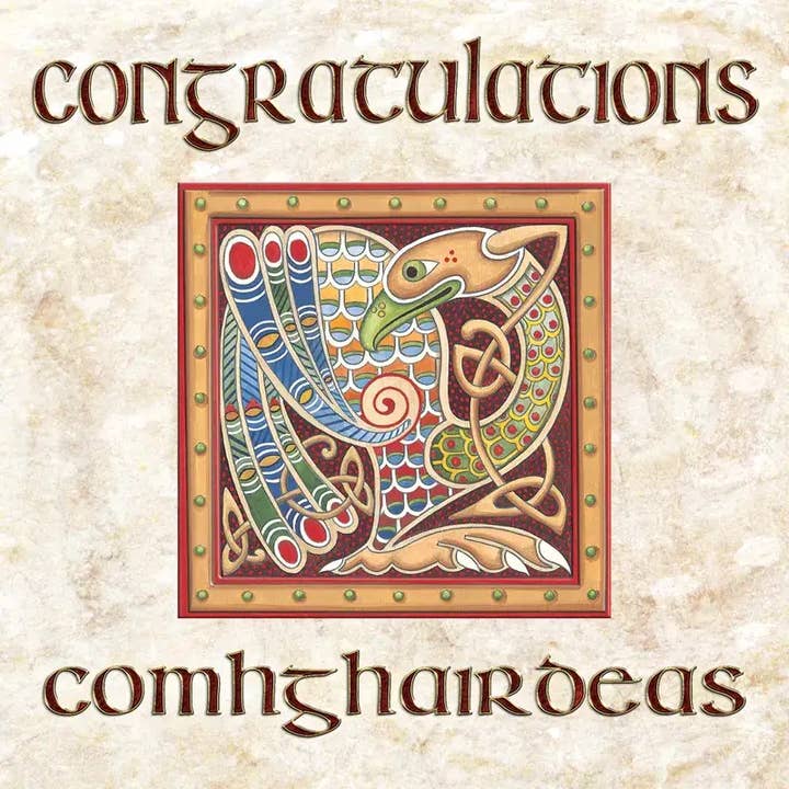 Bilingual Celtic Peacock Congratulations Card for wholesale by Dublin Gift Company