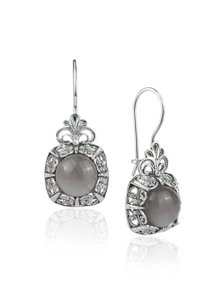 Art Gray Moonstone Gemstone Women Drop Silver Earrings for wholesale by Filigranist Jewelry