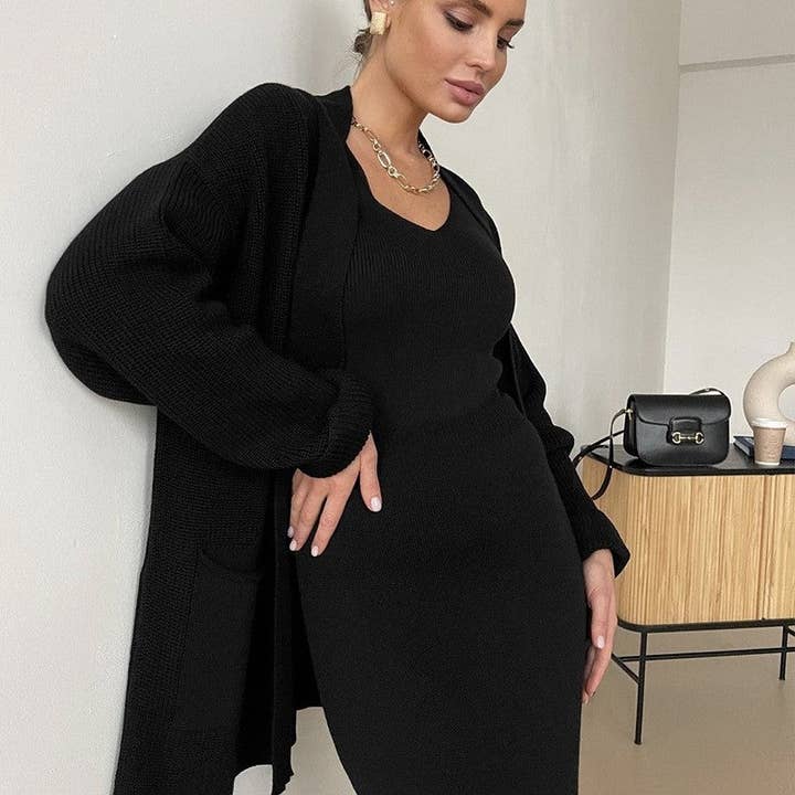 UZ Wholesale Store – Engroshandel Top- og nederdelsæt - Dame – Løs ensfarvet cardigantrøje og midi nederdelsæt3