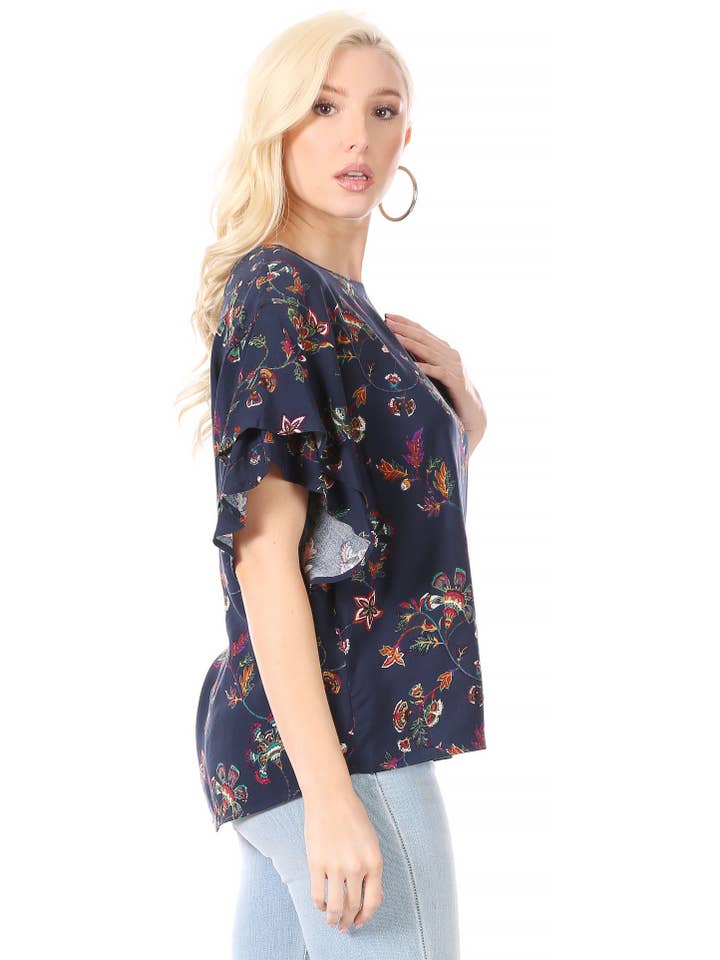 CORNER 123, Wholesale Women's Clothing - Wholesale Blouse - Dames - (6 stuks) Marineblauw, Thistle Print Top2